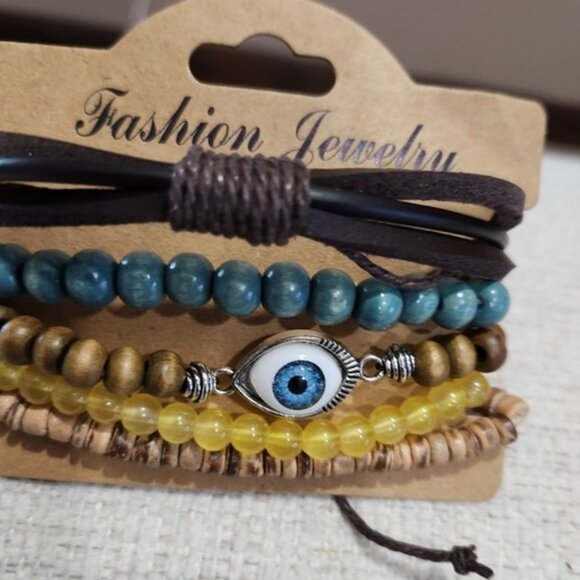 Nwt Unisex Multicolor Beaded & Leather Bracelet Set with Eye Charm - Picture 2 of 3